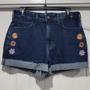 Hollister Ultra High Rise Mom Blue Jean Shorts with Floral Embroidery